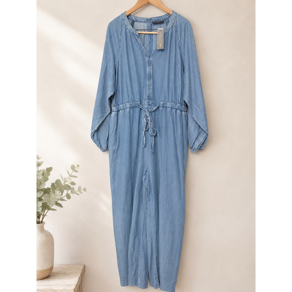 Lane Bryant 18 Jumpsuit Denim LS Chambray Drawstring Waist Pockets